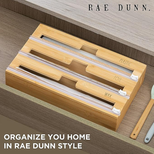 Rae Dunn Bamboo Bag Organizer for Kitchen Drawer - Durable Wood Organizer for Kitchen Storage - Holds Gallon, Quart, Snack, Sandwich Size Baggies, Plastic Wrap and Foil