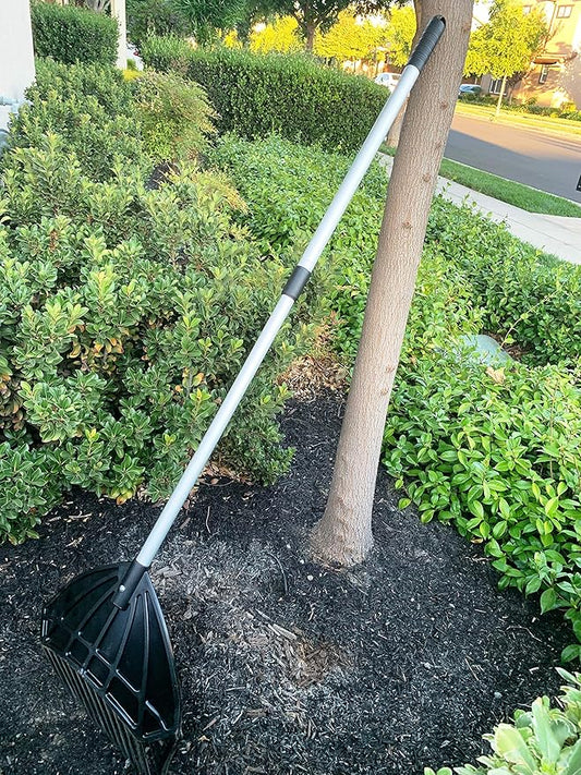 MLTOOLS Gardening Rake Shovel Sieve 3-in-1 Garden Tools, No Bend Weed Puller or Leaf Rake for Lawn, Yard, Pool, Stable, Extendable Mulch Muck Rake Telescopic Handle, Angled Pitch Fork Tines R8279-EXT