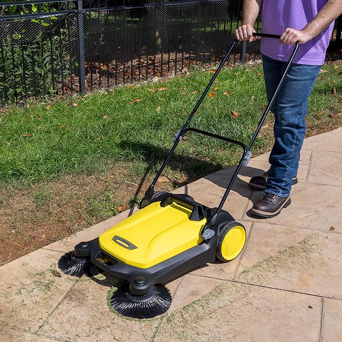 Kärcher Walk Behind Outdoor Push Sweeper S 4 Twin for Workshops, Warehouses or Garages - 5X Faster Than a Push Broom, 5.25 Gallon Capacity, 26.8" Sweeping Width