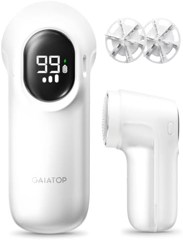 Gaiatop Fabric Shaver, 3-Speed Lint Shaver for Clothing, Furniture, Sweater | 6 Leaf Blades Sweater Shavers to Remove Pilling, LED Display, Electric Lint Remover Depiller for Couch & Blanket, White by GAIATOP