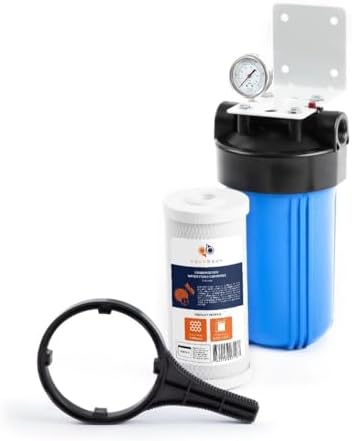 Aquaboon Whole House Water Filter System for Well Water with 5 Micron 10x4.5 Carbon Block Chlorine Reduction Cartrige | NSF Certified, Pressure Gauges & Releas, Wrench, Bracket 1" NPT by Aquaboon