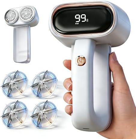 Fabric Shaver, Dual Head Lint Remover, LCD & 6-Blade, Rechargeable, White | rechargeable sweater defuzzer for clothes couch furniture upholstery pet hair pilling remover portable by TEKI