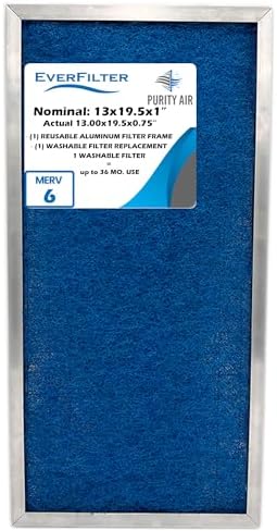 13x19.5x1 Air Filter (1-Ct) MERV 6 Washable Air Filter Media, AC Furnace Filter, Aluminum Reusable Frame, Reusable & Washable Filter Media (Actual Size:13.00 x 19.50 x 0.75 Inches) by PurityAir