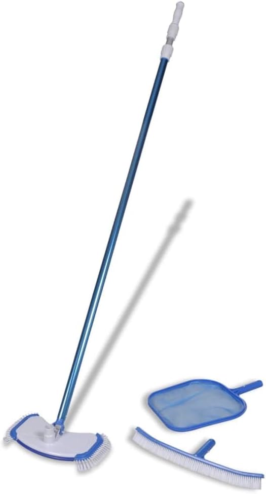 Swimming Pool Cleaning Kit, White Blue ABS PP Aluminum Portable, Adjustable Hose 59-177in, Vacuum Head, Leaf Skimmer, Wall Brush, Scrubber Pad, Easy Maintenance for Above Ground Pool