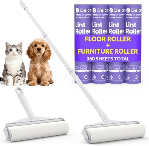 DELOMO 9.45” Large Lint Roller for Pet Hair, Long & Short Handles, 2 Packs | 360 Extra Sticky Sheets Total, Long Handle for No-Bend Cleaning Floors & Carpets, Short Handle for Couches & Furniture by DELOMO