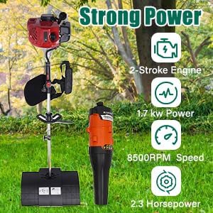 52cc Power Broom for Artificial Turf,2.3HP Handheld Grass Brush Sweeper with with Blower,2-Stroke Gas Snow Broom for Driveway,Lawn,Turf,Artificial Grass,Farms,Streets Cleaning