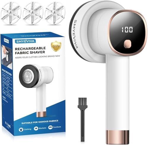 Rechargeable Fabric Shaver, 6-Leaf Blades, LED Display, 3 Speeds | Portable Lint Remover Easy to Remove Pilling, Fuzz & Lint Balls from Clothes, Sweater, Couch, Blanket, Furniture, Coat, White by SMYEVIVA