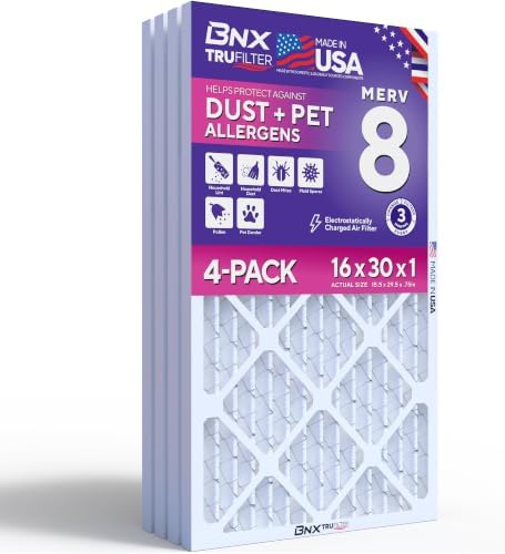 BNX TruFilter 16x30x1 Air Filter MERV 8 (4-Pack) - MADE IN USA – Dust & Pet Defense Electrostatic Pleated Air Conditioner HVAC AC Furnace Filters for Dust, Pet, Mold, Pollen MPR 600 – 700 & FPR 5 by BNX