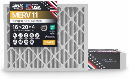 BNX TruFilter 16x20x4 (15.5’’ x 19.5’’ x 3.63‘’ Slim Fit) MERV 11 Air Filter 2-Pack - MADE IN USA - Air Conditioner Furnace Filters HVAC AC Furnace Filters for Allergy Dust, Pet, Mold, MPR 1200 FPR 7 by BNX