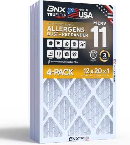 BNX TruFilter 12x20x1 Air Filter MERV 11 (4-Pack) - MADE IN USA - Allergen Defense Electrostatic Pleated Air Conditioner HVAC AC Furnace Filters for Allergies, Dust, Pet, Smoke, Allergy MPR 1200 FPR 7 by BNX