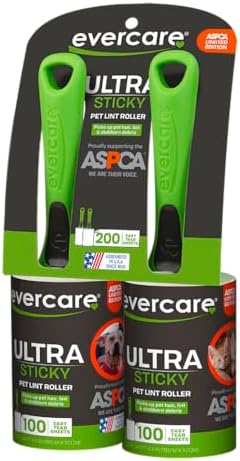 Evercare Pet Hair Lint Rollers All Purpose Use Easy-Tear Sheets Per Roll Reusable Sticky Roller Pets Cat,Dog Hair Remover Contoured Handle for Furniture Clothing & Cars,Green, 200 Sheets (Pack of 12) by Evercare