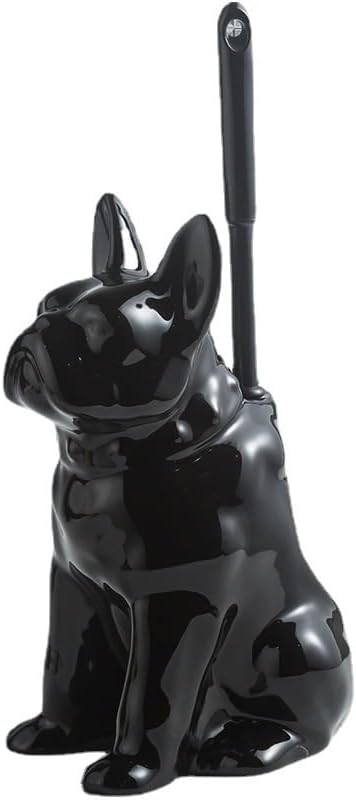 Comeon Ceramic Dog White/Black Toilet Brush and Holder Set, Plastic Handled Scrub Brush for Bathroom Cleaning,13.7"*6.3" (Black)