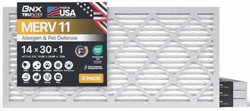 BNX TruFilter 14x30x1 Air Filter MERV 11 (4-Pack) - MADE IN USA - Allergen Defense Electrostatic Pleated Air Conditioner HVAC AC Furnace Filters for Allergies, Dust, Pet, Smoke, Allergy MPR 1200 FPR 7 by BNX