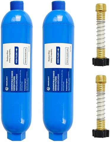 Hourleey 2 Pack RV Inline Water Filter with 2 Flexible Hose Protector, Reduce Bad Taste, Odors, Rust, Fluoride, Chlorine and Sediment in Drinking Water, Dedicated for RVs Campers Marines by Hourleey