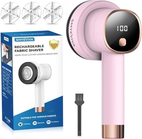Rechargeable Fabric Shaver, 6-Leaf Blades, LED Display, 3 Speeds | Portable Lint Remover Easy to Remove Pilling, Fuzz & Lint Balls from Clothes, Sweater, Couch, Blanket, Furniture, Coat, Pink by SMYEVIVA
