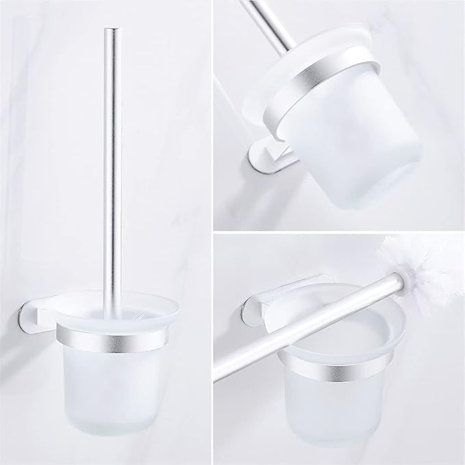 Toilet Brush and Holder Set, Toilet Brush Holders with Glass Caddy Cup Holder Punch Bath Wall Shelf Matte Silver Aluminum Handle Bathroom Cleaning Tools Bathroom Toilet Brush Holder