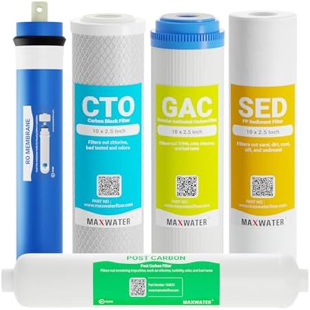 5 Stage Reverse Osmosis System Replacement Filter Set with 100 GPD RO Membrane by MaxWater