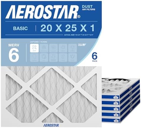 Aerostar 20x25x1 MERV 6 Pleated Air Filter, AC Furnace Air Filter, 6 Pack (Actual Size: 19 3/4"x24 3/4"x3/4") by AirFiltersDelivered