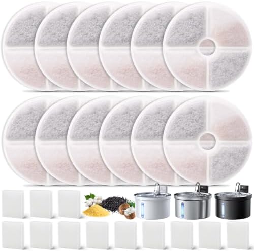 24 Pack Cat Water Filters for FEELNEEDY 3.5L/ 118oz Water Fountain FN-W08L, Ion Exchange Resin with Coconut Shell Activated Carbon Filter Refills, 12 Pack Filters & 12 Pump Sponges by Hoscabss