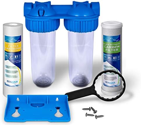 Dual Whole House Water Filter System, Transparent Standard Housings, Presser Relief Button, 3/4” Inlet/Outlet Brass Port, 5 Micron Sediment & Carbon Cartridges Meets NSF Standards & Regulations by Ronaqua