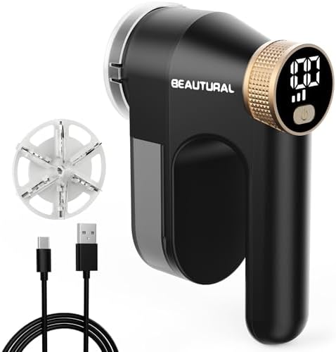 BEAUTURAL Fabric Shaver and Lint Remover, Rechargeable Sweater Defuzzer | LED Display, 3-Speed Settings, 6 Leaf Blades, Portable Pilling Remover for Clothes, Furniture, Blankets by BEAUTURAL