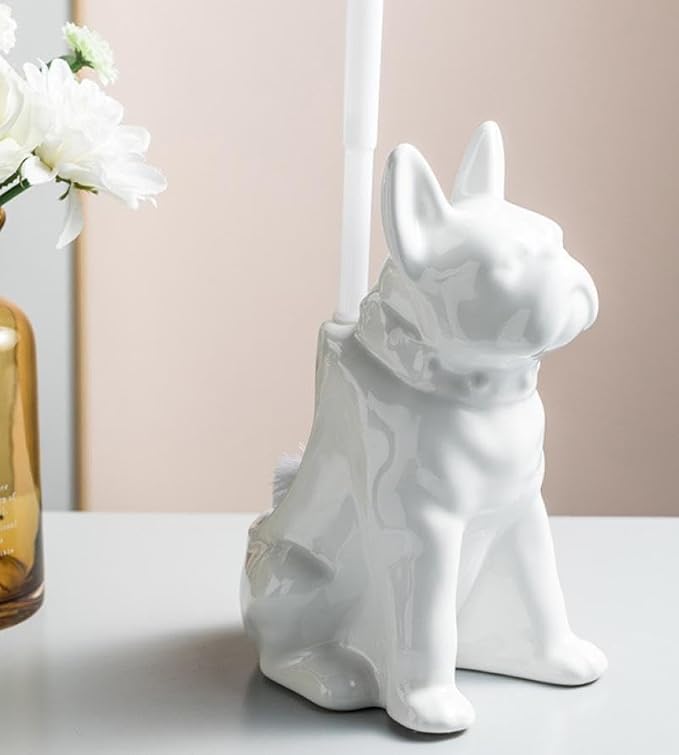 Comeon Ceramic Dog White/Black Toilet Brush and Holder Set, Plastic Handled Scrub Brush for Bathroom Cleaning,13.7"*6.3" (White)