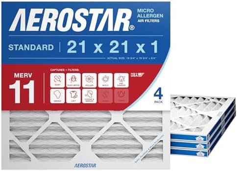 Aerostar 21x21x1 MERV 11 Pleated Air Filter, AC Furnace Air Filter, 4 Pack (Actual Size: 20 7/8" x 20 7/8" x 3/4") by AirFiltersDelivered