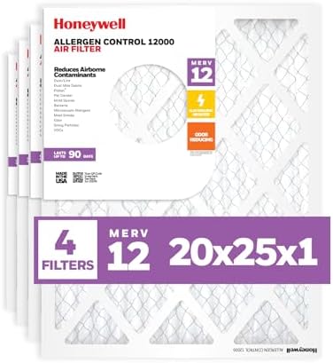 Honeywell 20x25x1 MERV 12 Electrostatic Pleated HVAC AC Furnace Air Filter (4-Pack) | Replacement Filter for Home Use | Made in USA by HoneywellAirComfort