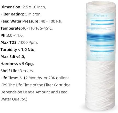 Geekpure PP String Wound Sediment Filter 2.5" x 10" -5 Micron-Pack 4 - Image 3