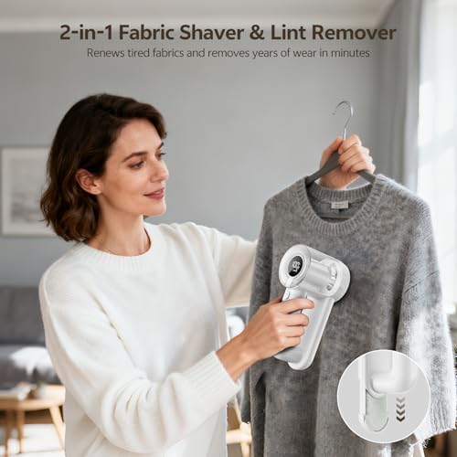 Rechargeable Fabric Shaver, 2-in-1 Lint Remover with 6-Blade | For sweaters, blankets, coats and cloth upholstery, with 200ml container, LED display, USB-C charging and 3 speeds - Image 2