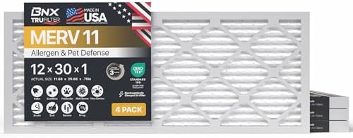BNX TruFilter 12x30x1 Air Filter MERV 11 (4-Pack) - MADE IN USA - Allergen Defense Electrostatic Pleated Air Conditioner HVAC AC Furnace Filters for Allergies, Dust, Pet, Smoke, Allergy MPR 1200 FPR 7 by BNX