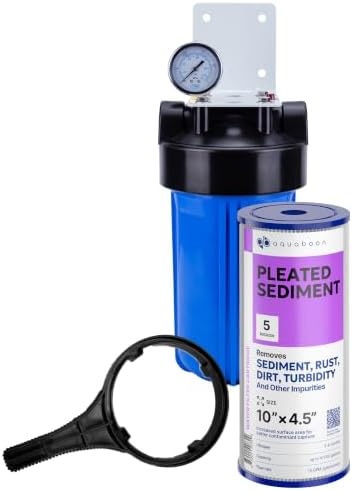 Aquaboon Whole House Water Filter System for Well Water with 5 Micron 10x4.5 Purification Pleated Sediment Cartrige | NSF Certified, Pressure Gauges & Releas, Wrench, Bracket 1" NPT by Aquaboon