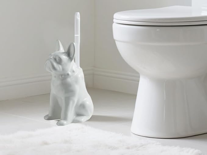 Comeon Ceramic Dog White/Black Toilet Brush and Holder Set, Plastic Handled Scrub Brush for Bathroom Cleaning,13.7"*6.3" (White)