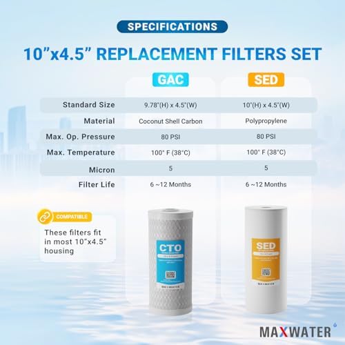 Max Water 2-Stage 10" x 4.5" Whole House Water Filter Replacement Cartridges, 5 Micron Sediment and Carbon Block Filter Set Compatible with GE FXHTC, GXWH40L, WGB21B, FP15B, FC15B, 2-Pack - Image 2