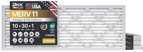 BNX TruFilter 10x30x1 Air Filter MERV 11 (4-Pack) - MADE IN USA - Allergen Defense Electrostatic Pleated Air Conditioner HVAC AC Furnace Filters for Allergies, Dust, Pet, Smoke, Allergy MPR 1200 FPR 7 by BNX