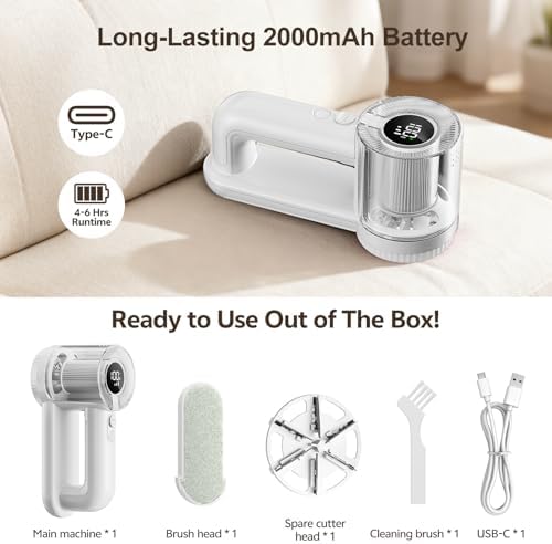 Rechargeable Fabric Shaver, 2-in-1 Lint Remover with 6-Blade | For sweaters, blankets, coats and cloth upholstery, with 200ml container, LED display, USB-C charging and 3 speeds - Image 6