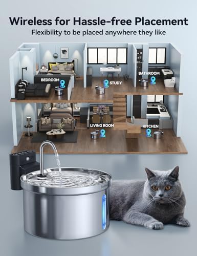Wireless Cat Water Fountain [Water & Battery Separation] FEELNEEDY Stainless Steel Automatic Pet Water Dispenser, 4000mAh Battery Operated Water Fountains for Cats Dogs - 3.5L/118oz - Image 3