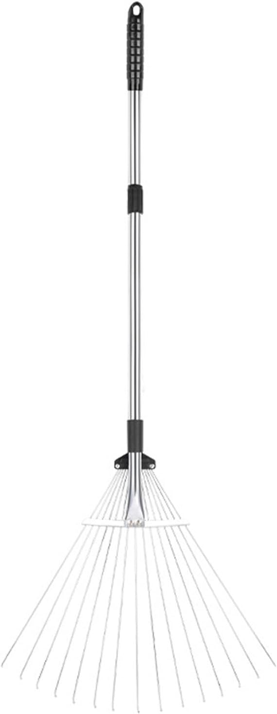 Adjustable Collapsible Garden Leaf Rake Aluminum Alloy Lawn Yard Rake for Leaf Cleaning Flower Bed and Outdoor Gardening (15 Teeth 81‑160cm Length 18.5‑55.5cm Width)