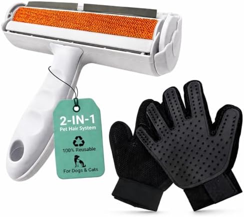 Pet Hair Remover Roller with 2 Grooming Gloves ?€? Reusable Lint Remover for Dogs and Cats (Orange) by Unknown