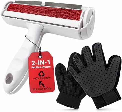 Pet Hair Remover Roller with 2 Grooming Gloves ?€? Reusable Lint Remover for Dogs and Cats (Red) by Unknown