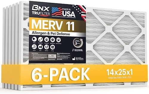 BNX TruFilter 14x25x1 Air Filter MERV 11 (6-Pack) - MADE IN USA - Allergen Defense Electrostatic Pleated Air Conditioner HVAC AC Furnace Filters for Allergies, Dust, Pet, Smoke, Allergy MPR 1200 FPR 7 by BNX
