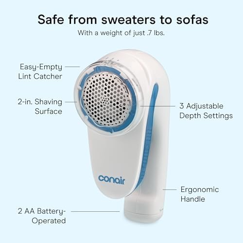 Conair Fabric Shaver and Lint Remover, Battery-Operated Portable Clothes Shaver with 3 Settings, Fuzz Remover for Sweaters, Clothing and Furniture, Large 2-Inch Shaving Head, White | Easy-to-store fabric shaver for clothing and furniture with 3 depth s... - Image 4