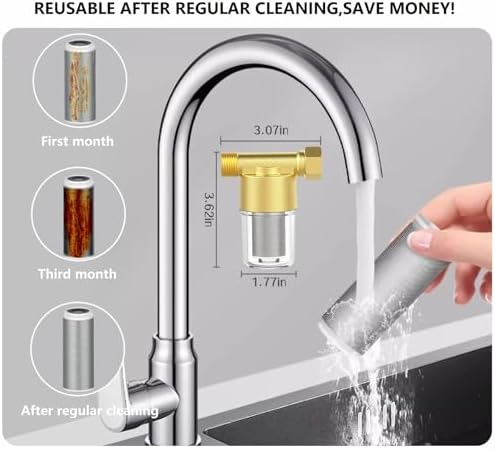 DR02 Reusable Washer Water Filter, 40 Micron Brass Sediment Filter, For Washing Machine, Heater, Garden, RV, Protecting Appliances, Reduces Clothes Yellowing, Anti Scale Shower Filter - Image 6