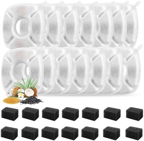 Porens 28 Pcs Cat Water Fountain Replacement Filters-14 Pack Water Fountain Filters 14 Pack Pre-Filter Sponges, Pet fountain replacement filters Fit for 95oz/2.8L Cat Pet Fountain, white + black by Porens