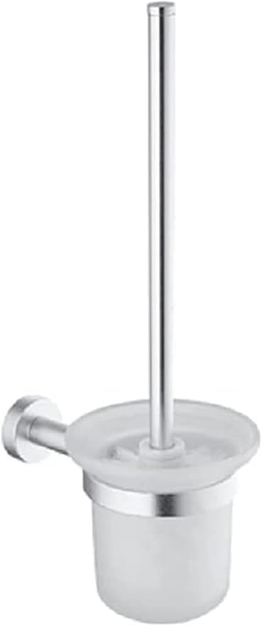 Toilet Brush and Holder Set, Toilet Brush Holders with Glass Caddy Cup Holder Punch Bath Wall Shelf Matte Silver Aluminum Handle Bathroom Cleaning Tools Bathroom Toilet Brush Holde
