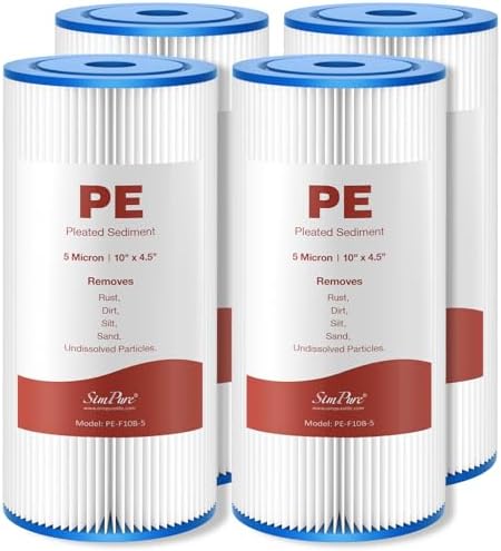 SimPure 10"x4.5" Pleated Sediment Water Filter, 5 Micron Whole House Water Filter Cartridge for Well Water Compatible with FXHSC, ECP20-BB, R50-BBSA, CB1-SED10-BB (4 Pack) by SimPure_Water