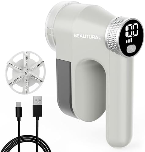 BEAUTURAL Fabric Shaver and Lint Remover, Rechargeable Sweater Defuzzer | LED Display, 3-Speed Settings, 6 Leaf Blades, Portable Pilling Remover for Clothes, Furniture, Blankets by BEAUTURAL
