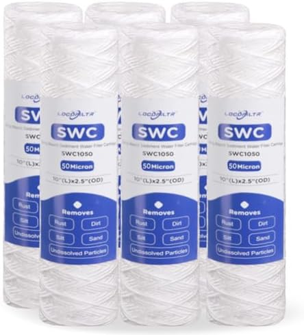 50 Micron 10" x 2.5" Whole House String Wound Water Filter Cartridge 6 Pack by Locofiltr