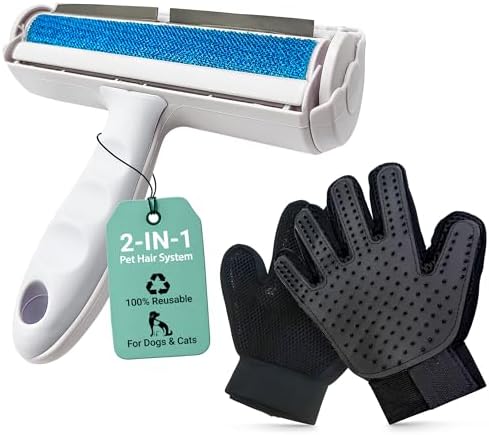 Pet Hair Remover Roller with 2 Grooming Gloves ?€? Reusable Lint Remover for Dogs and Cats (Blue) by Unknown