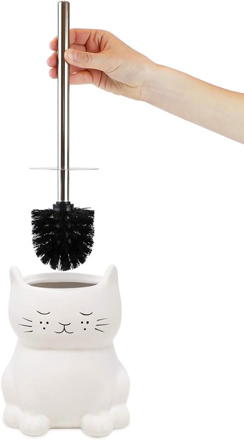 Isaac Jacobs White Ceramic Cat Toilet Bowl Brush Holder with Chrome Metal Handle (Unassembled) - Bathroom Accessory & Cleaning Storage (Cat)